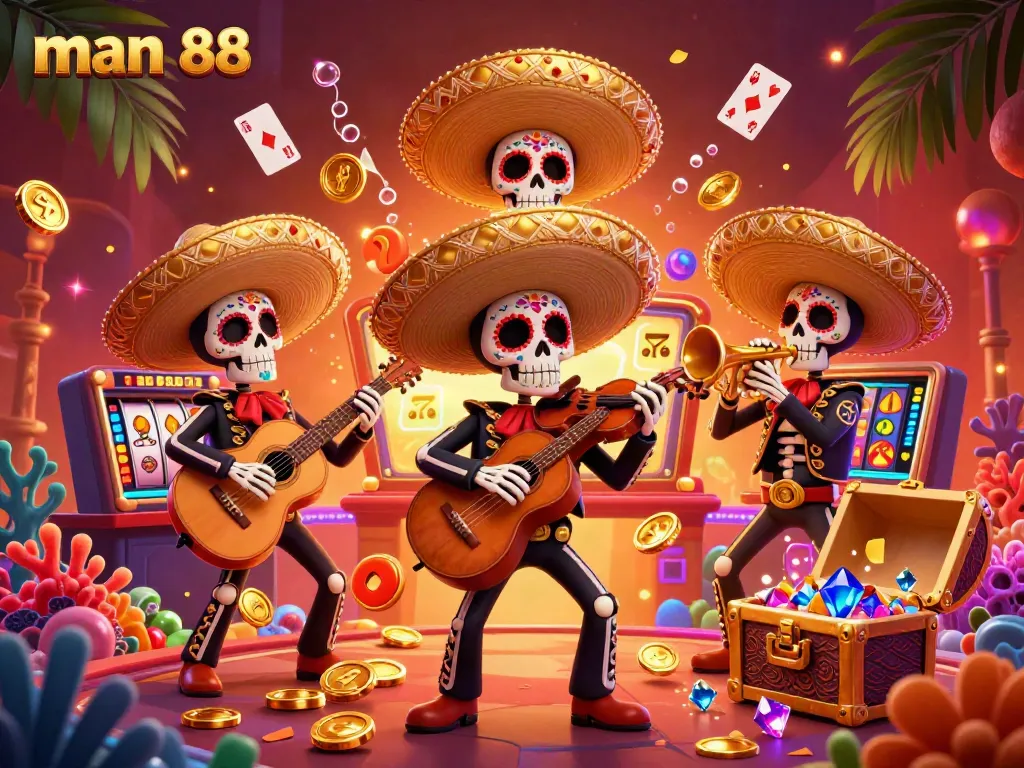 Experience the excitement of man 88 with a vibrant 3D illustration depicting a mariachi band, slot reels, and jackpot treasures.