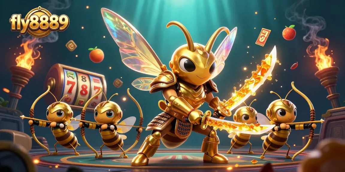 Experience the excitement of fly8889 with 3D golden hornet characters in a vibrant casino scene.