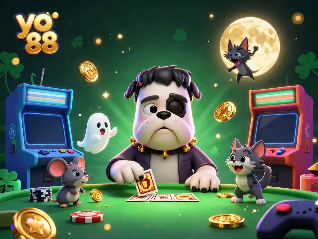 Experience the thrilling world of yo 88 with lively characters and casino elements exploding in this vibrant illustration.
