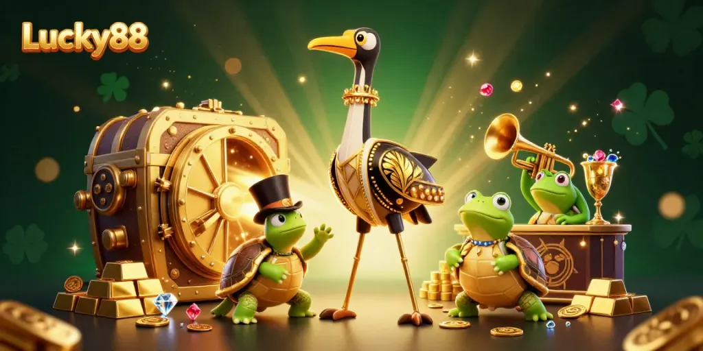 Engage in thrilling slots at Lucky88 with dazzling treasures and lively characters in a vibrant casino scene.