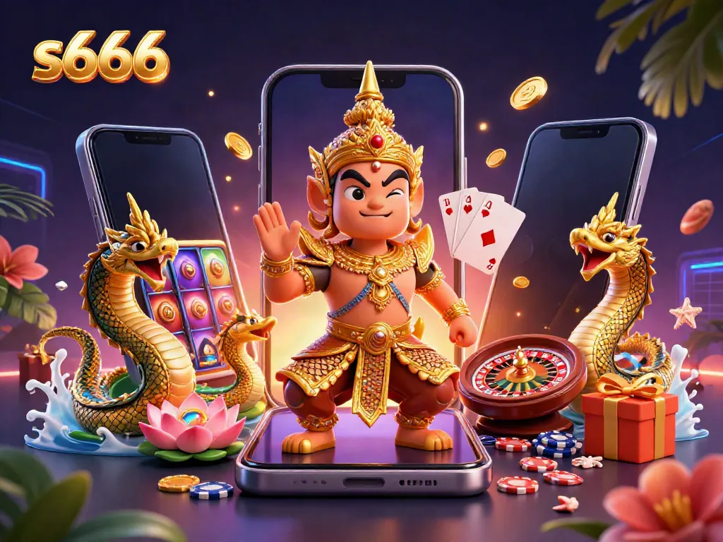 Engaging visual of s666 casino scene featuring cartoon guardian, Naga snakes, and gaming elements.