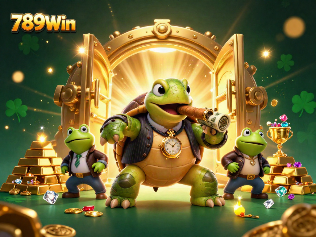 Play slots and win with 789Win in a vibrant, animated casino scene full of treasures.