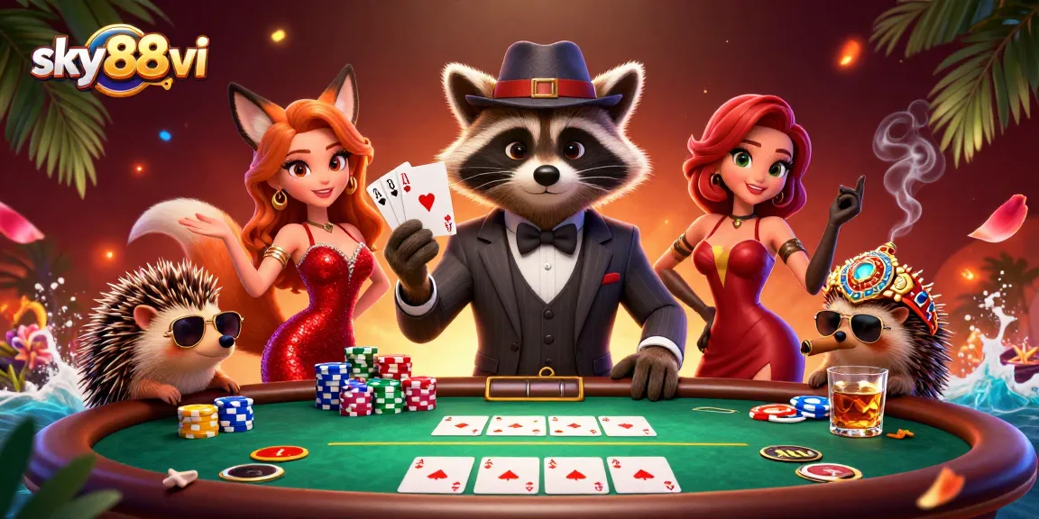 Engage with sky88vi at a poker table featuring a royal flush, vibrant chips, and festive characters.