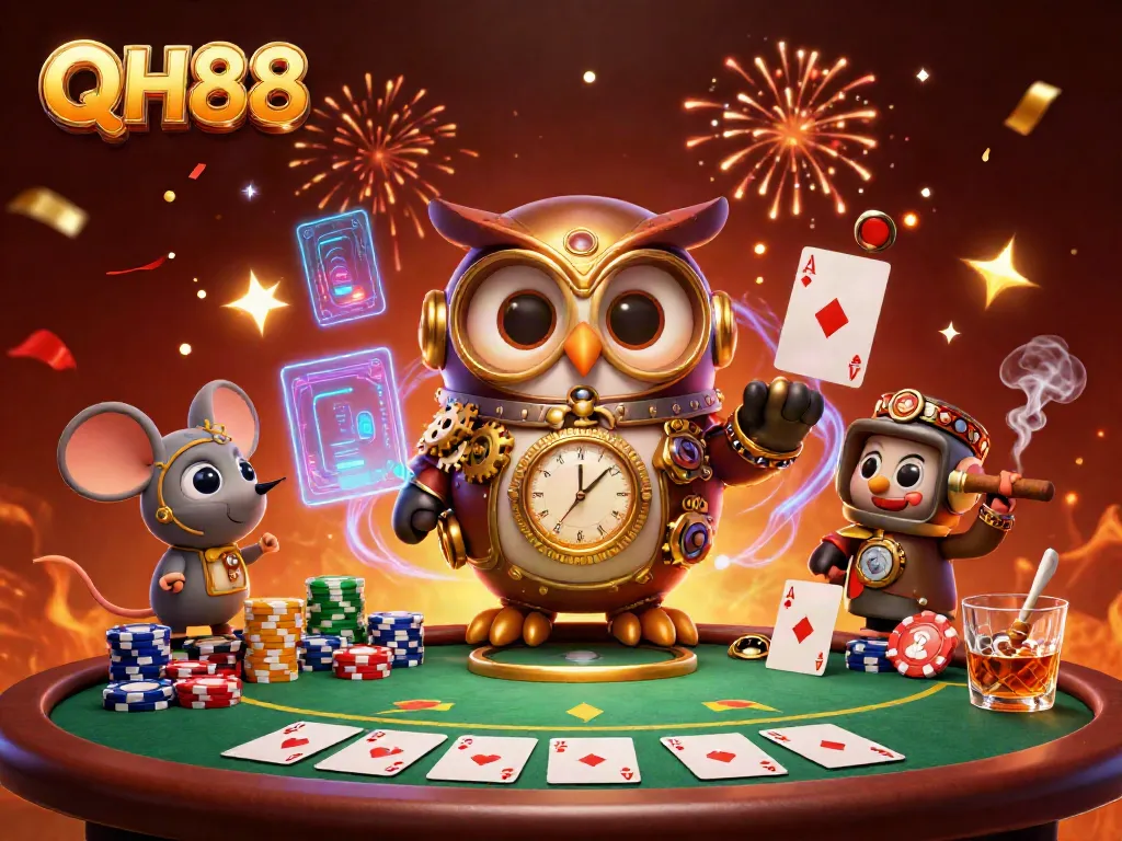 Engaging scene showcasing QH88 with a time-traveling owl and casino elements in a vibrant atmosphere.