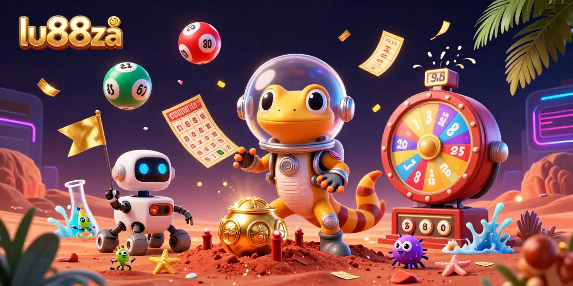 Experience the vibrant world of lu88za with a Martian gecko exploring a golden casino, surrounded by dynamic gambling elements.