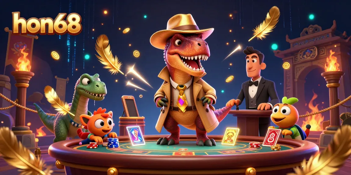 Enjoy thrilling blackjack action with hon68 at a vibrant casino scene featuring playful dinosaur characters.