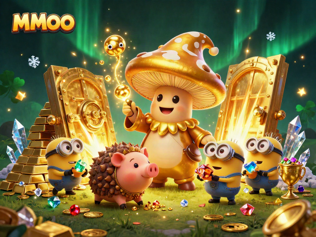 Experience MMOO magic with a golden wizard conjuring treasures in a vivid casino scene.