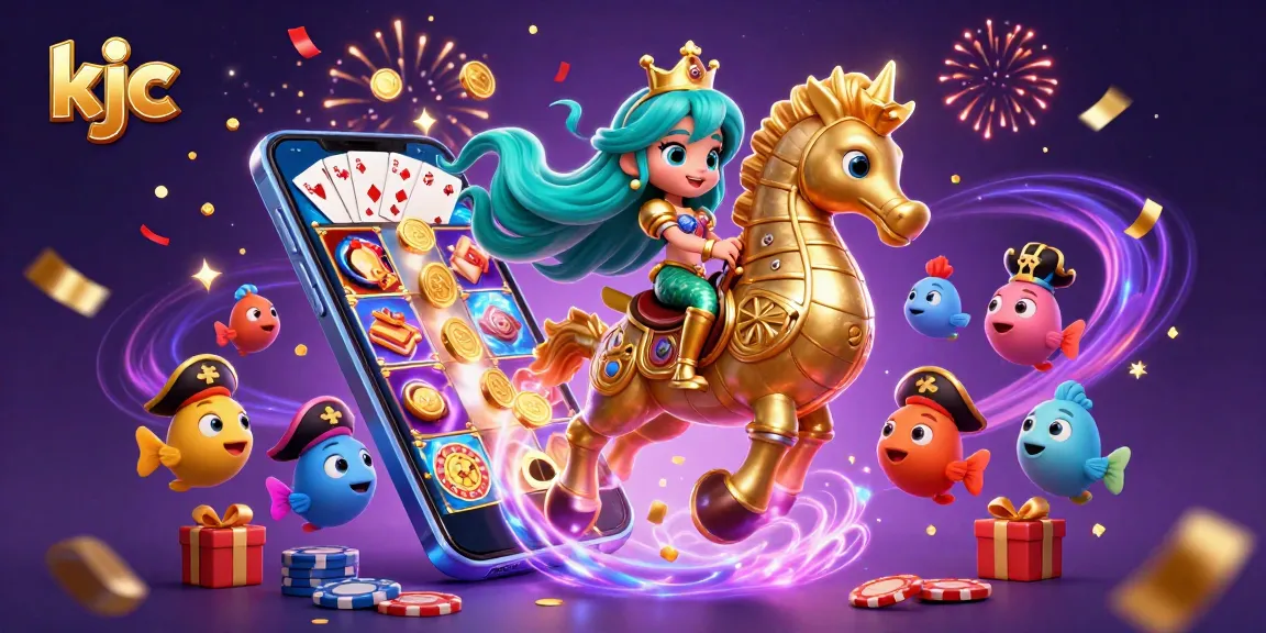 KJC showcases a 3D mermaid riding a seahorse amid vibrant casino games and excitement.