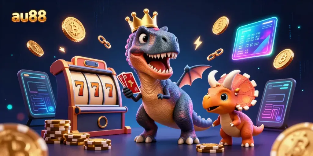 Play exciting slots with au88's friendly characters in an engaging casino environment filled with gold coins.