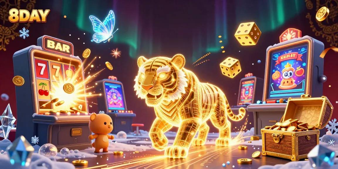 8DAY showcases a vibrant casino scene with a golden tiger, jackpot symbols, and dynamic game elements.