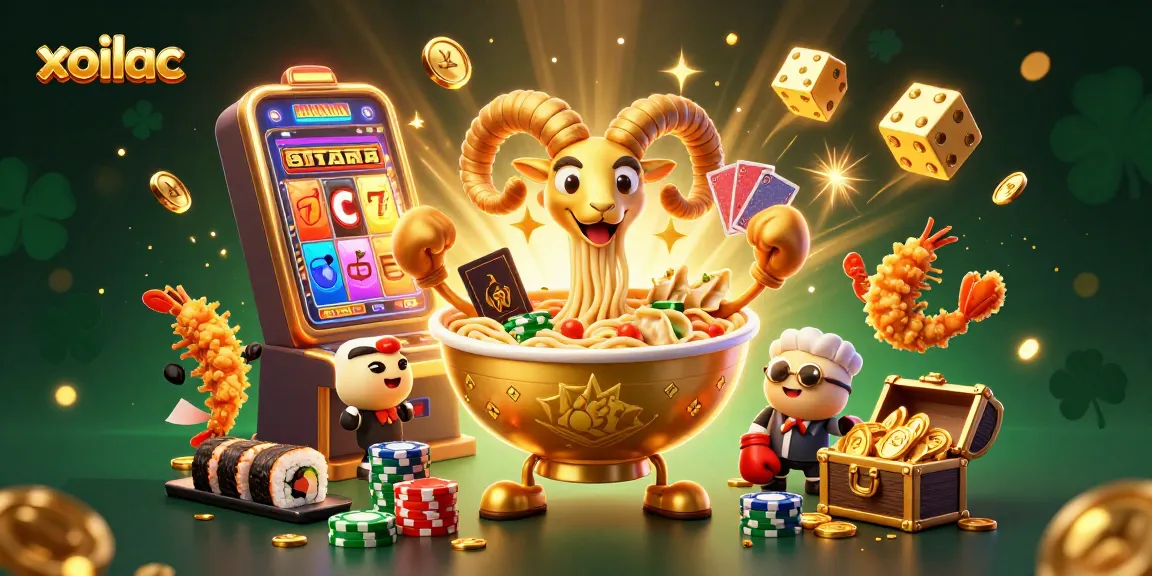 Xoilac features a lively 3D scene with a golden ramen bowl dealer and vibrant casino elements.