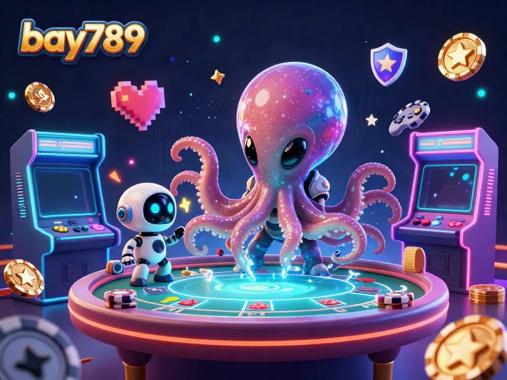 Experience the thrilling world of bay789 with an alien octopus operating a holographic poker table in this vibrant 3D illustration.