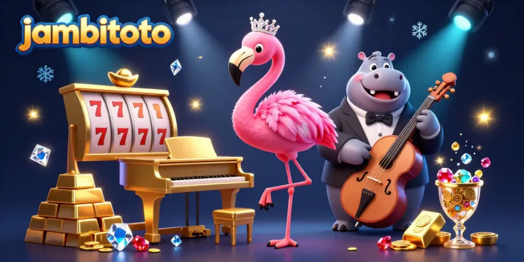 Engage in exciting games at Jambitoto with vibrant casino-themed illustration featuring lively characters.