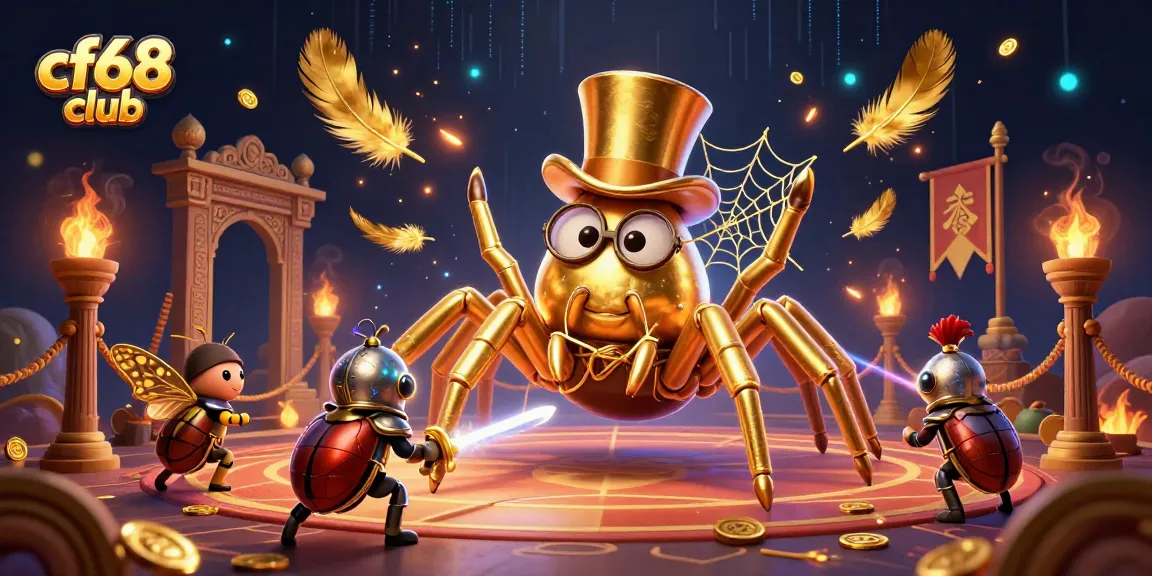 Experience thrilling action at cf68 club with a golden tarantula and brave beetle knight in a vibrant casino scene.