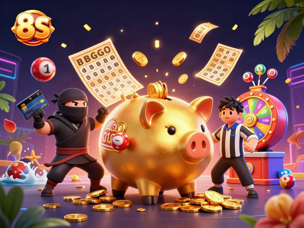 Engage in thrilling 8S casino fun with golden piggy banks, lively characters, and exciting lottery action.
