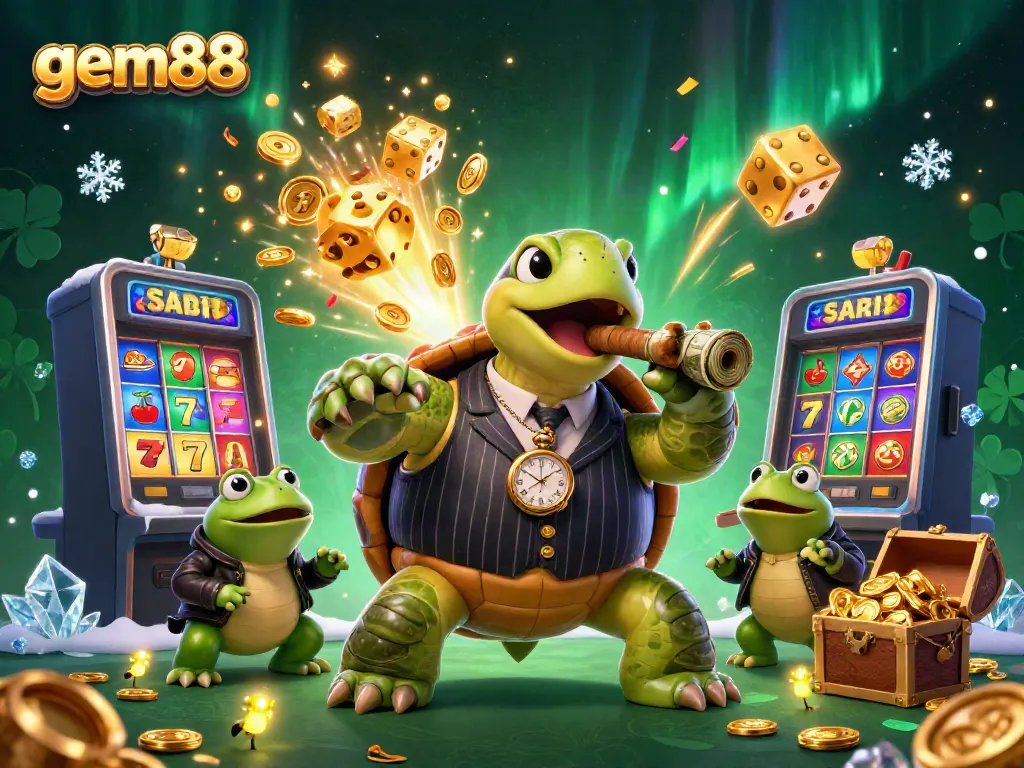 Experience gem88 with vibrant illustrations of a turtle mobster and casino enforcers amidst thrilling roulette and jackpot elements.