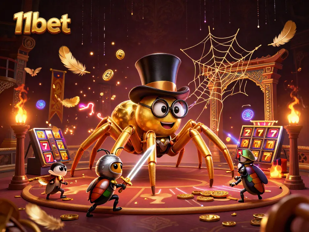 Experience the thrill of winning with 11bet in a vibrant casino scene featuring a golden tarantula and brave knight.
