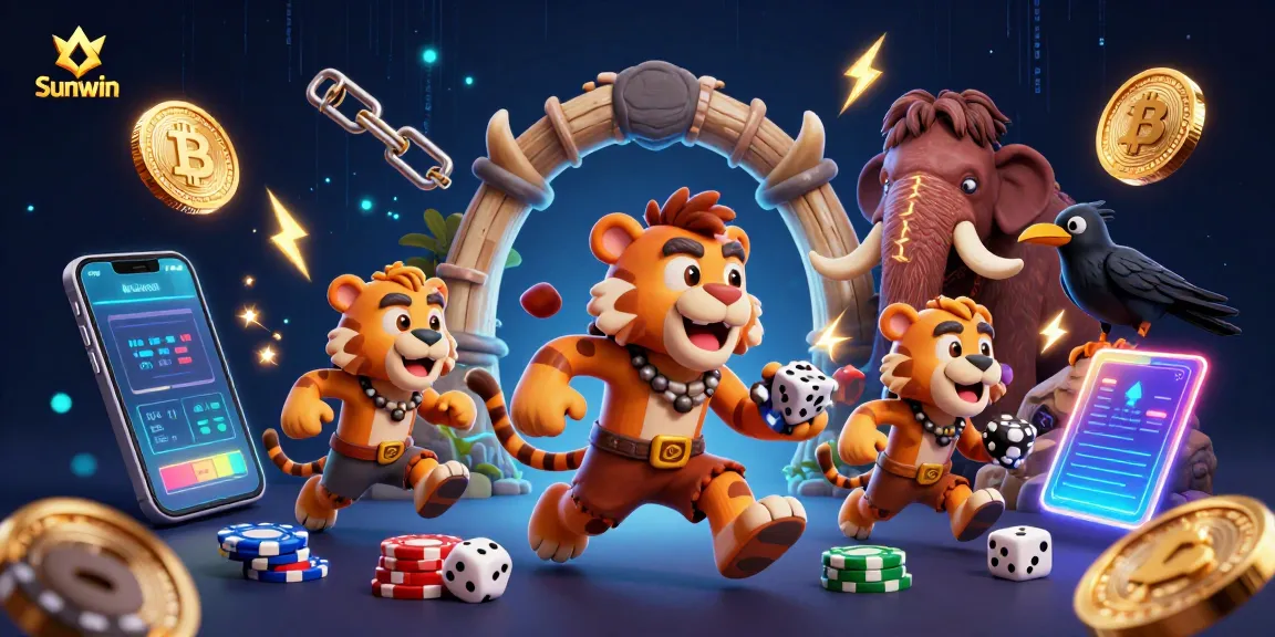 Experience thrilling gameplay at Sunwin while the caveman duo plays in a vibrant casino scene.
