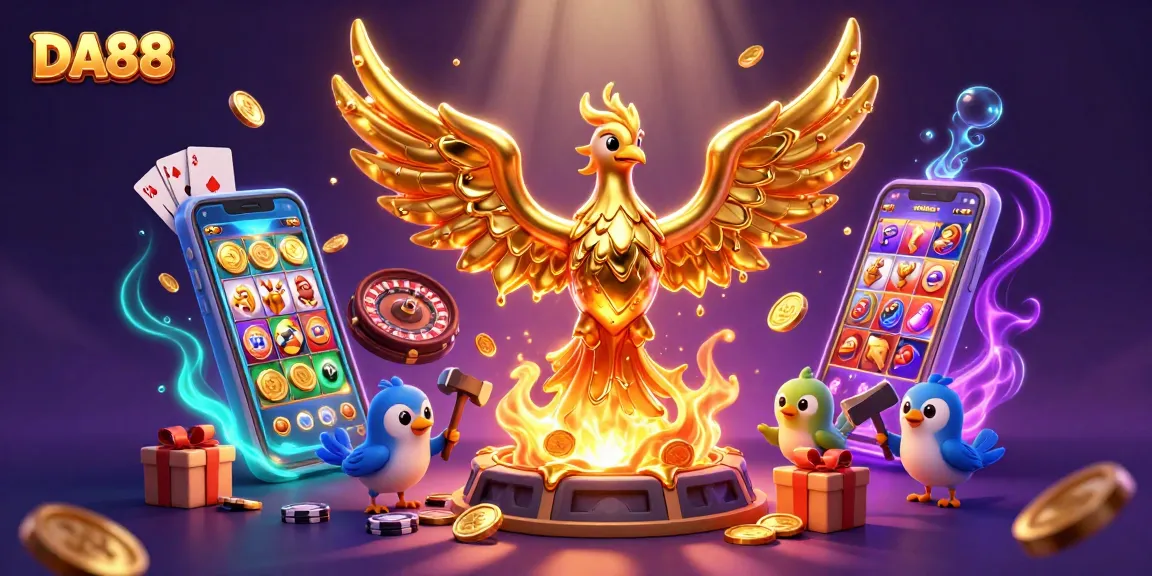 Experience DA88 with thrilling slot games, gold coins, and dynamic gaming elements in vibrant 3D art.