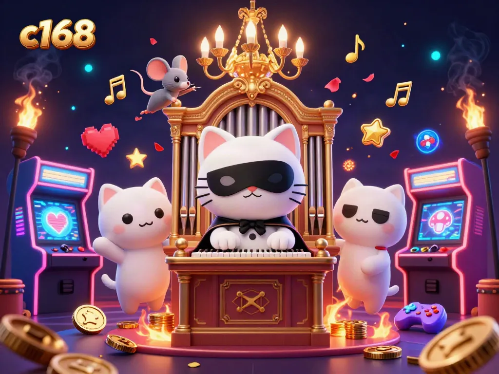 c168 casino experience with a phantom cat and acrobat, illuminated arcade elements.