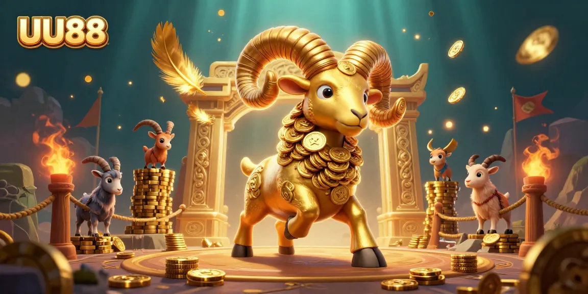 Engage with UU88 in this dynamic 3D casino scene featuring golden rams and vivid gambling elements.