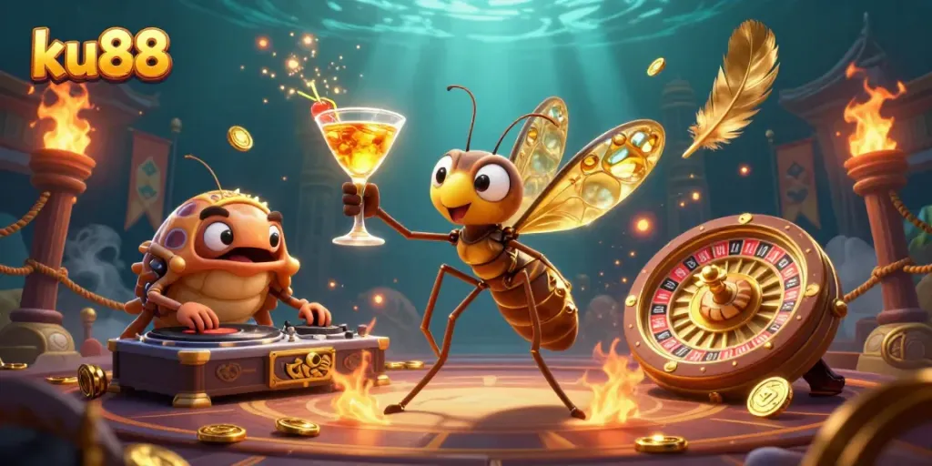 Engage with ku88 to spin the golden roulette wheel in a vibrant casino scene featuring unique mascots and elements.