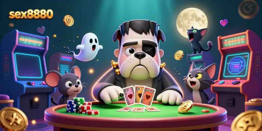 Win big with sex8880 in this vibrant online casino scene filled with animated characters and game elements.