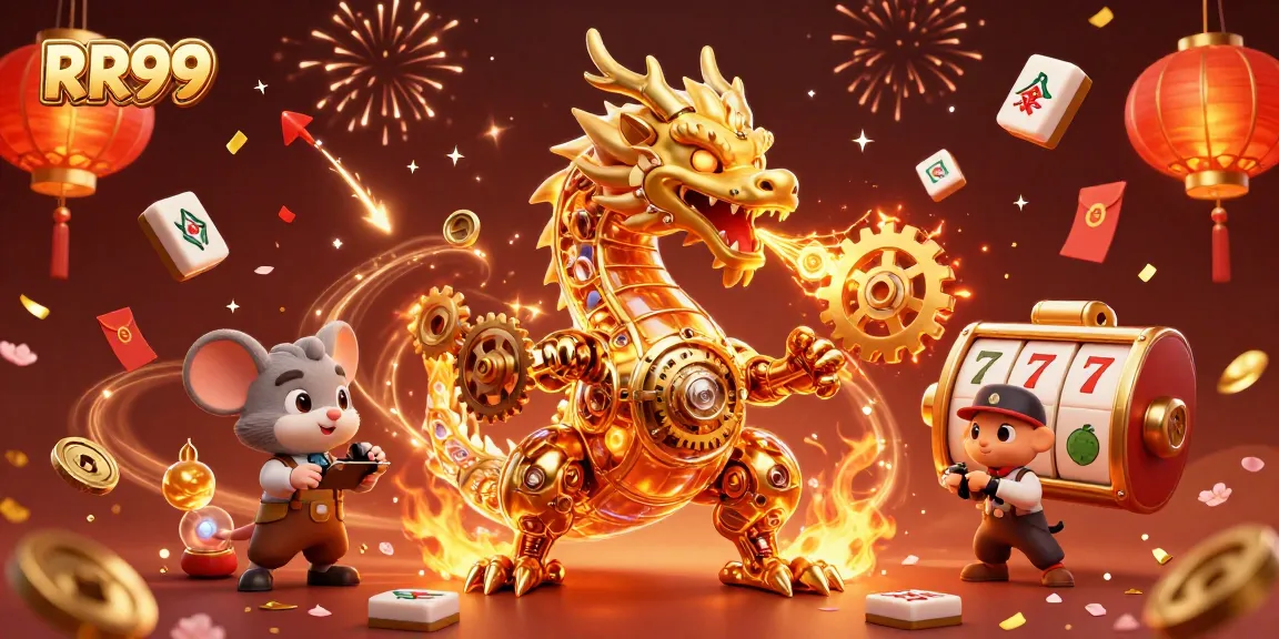 Experience thrilling gameplay at RR99 with a golden dragon surrounded by jackpot slots and festive elements.