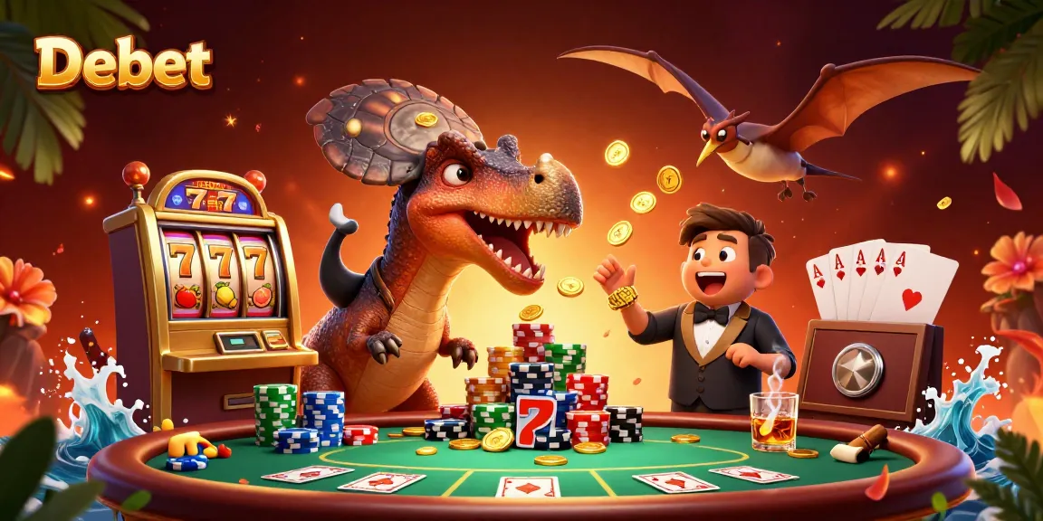 Debet offers jackpot action as a pachycephalosaurus headbutts a slot machine, coins flying.