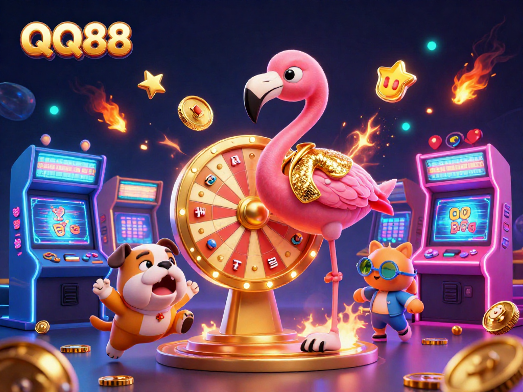 Spin the prize wheel at QQ88 with excitement alongside gaming characters in a vibrant casino scene.