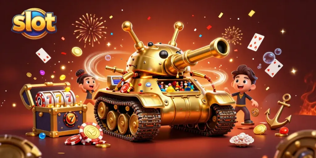 Spin the slot reels inside a miniature casino tank bursting with confetti and coins.