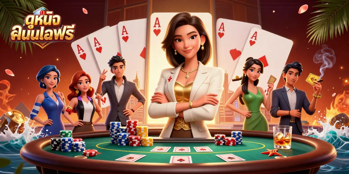 Enjoy ดูหนังออนไลน์ฟรี with a dynamic casino scene featuring poker elements and glamorous characters.