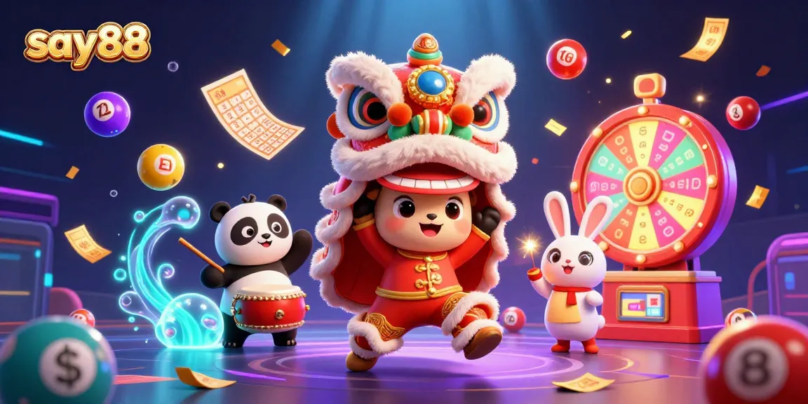 Engage with say88's vibrant 3D casino scene featuring a lion dance, colorful lottery balls, and golden prizes.