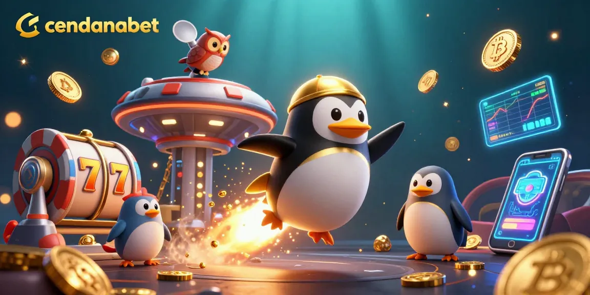 Cendanabet offers a thrilling experience with a golden penguin, illuminated coins, and exciting casino elements.