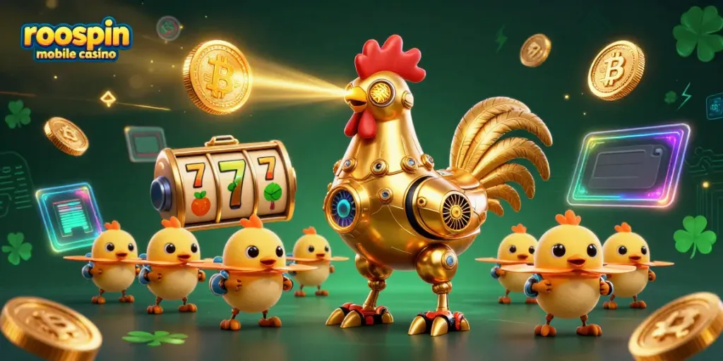 Engage with roospin mobile casino showcasing retro-futuristic characters amid vibrant slot elements.