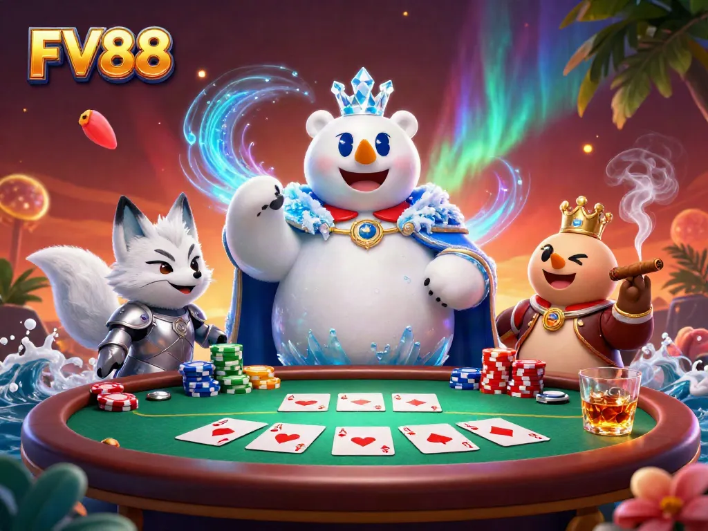 Engage with the vibrant FV88 gaming scene featuring a majestic ice king polar bear and poker elements.