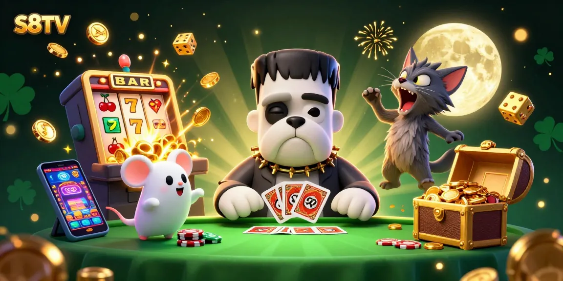 S8TV illustration featuring a Frankenstein bulldog dealing cards at a spooky casino table with a ghost mouse and werewolf kitten.