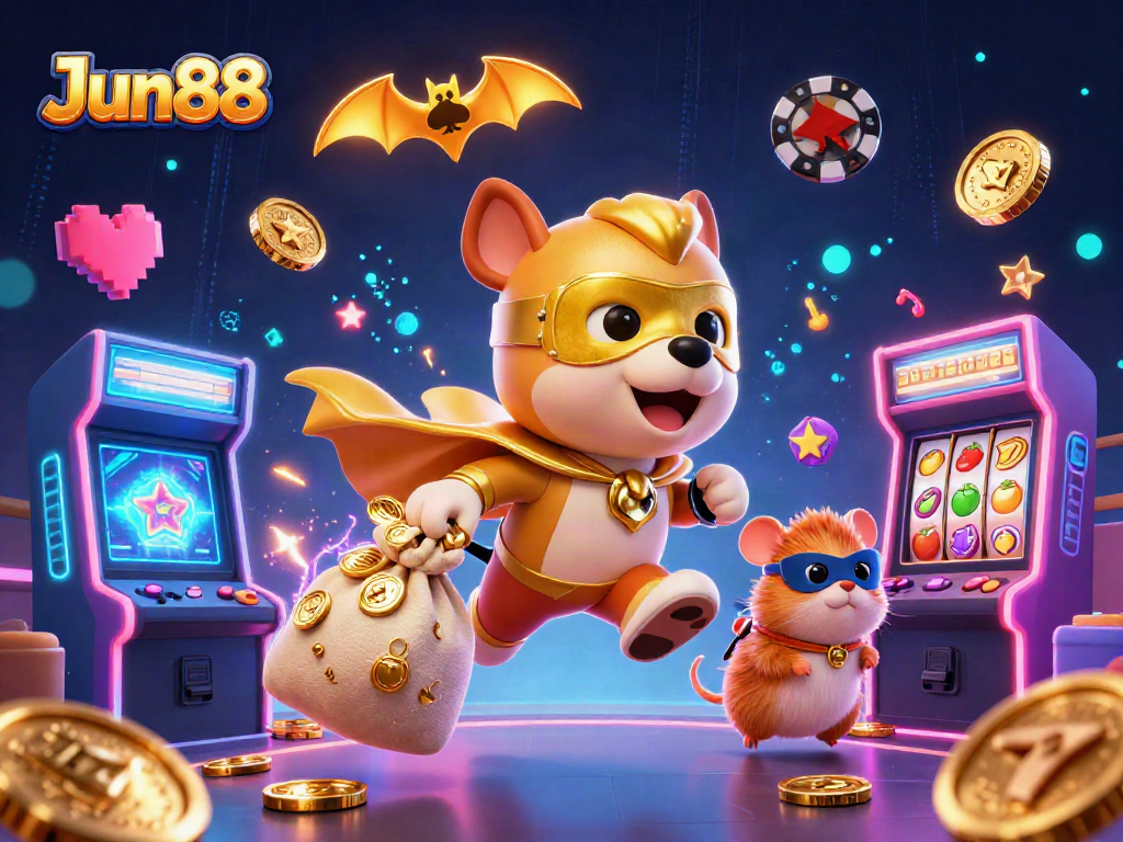 Jun88 interactive casino scene featuring a cartoon dog and hamster amidst vibrant gaming elements.