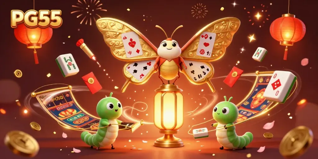Experience PG55 with golden casino elements and lively celebrations in this illustrated scene.