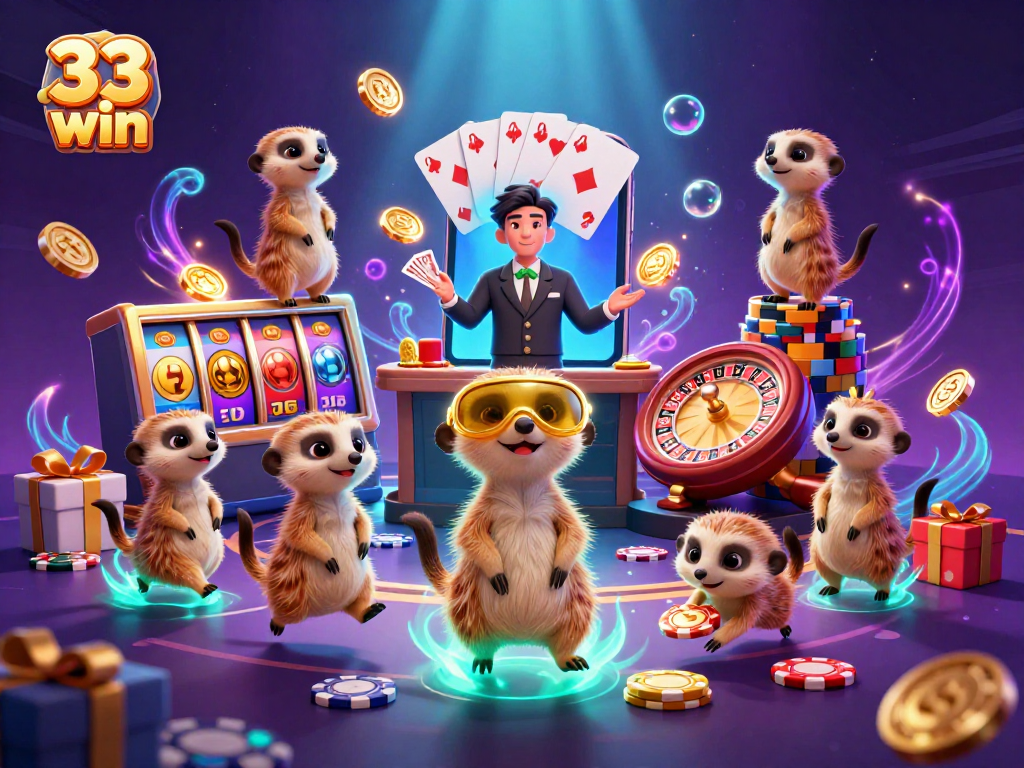 Experience the excitement of 33 win in this vibrant casino scene with meerkats and slot games!