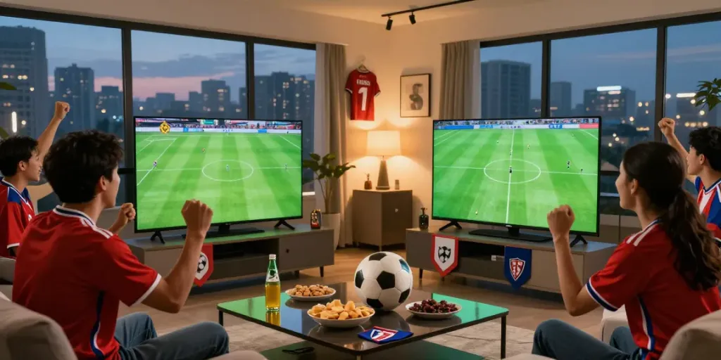 Group of friends enjoying an immersive soccer match at home while watching xoilactv on a large screen.