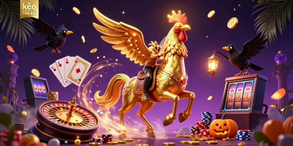 Experience thrilling moments with kèo nhà cái in an animated casino scene featuring a golden rooster and crow companions amidst glittering game elements.
