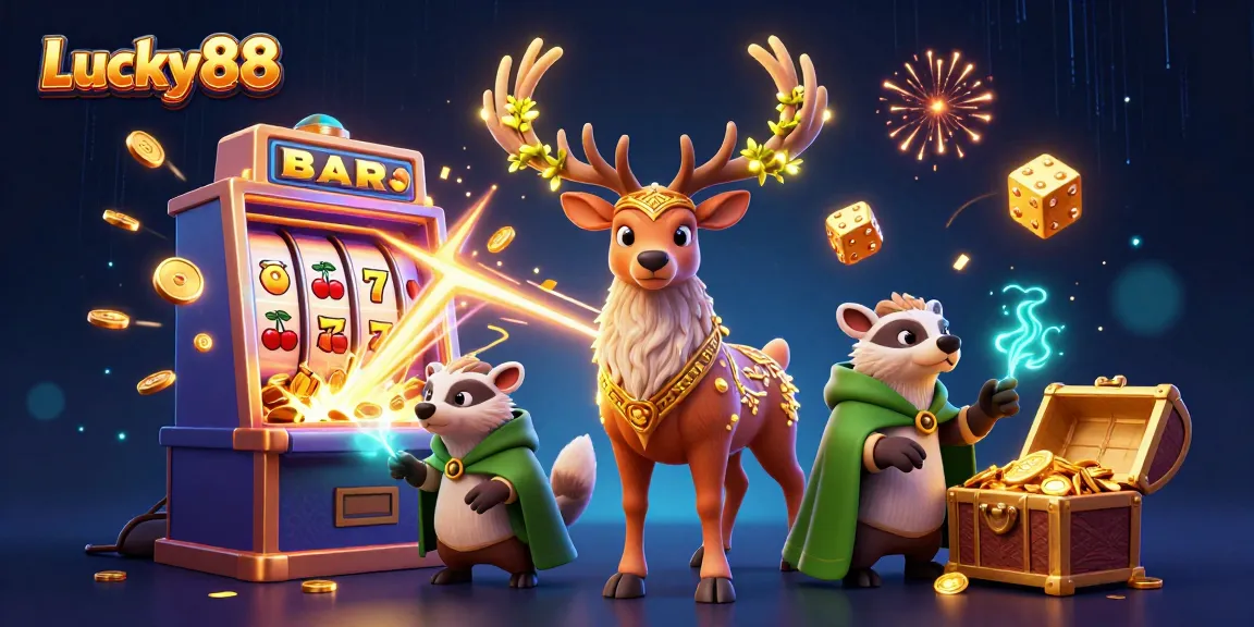 Experience thrilling wins with Lucky88, featuring vibrant slot elements, druid characters, and dynamic bonus symbols.