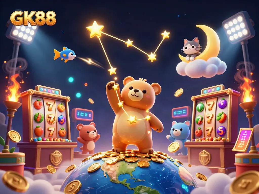 GK88 features a constellation bear collecting coins amidst spinning slot reels and golden trophies.