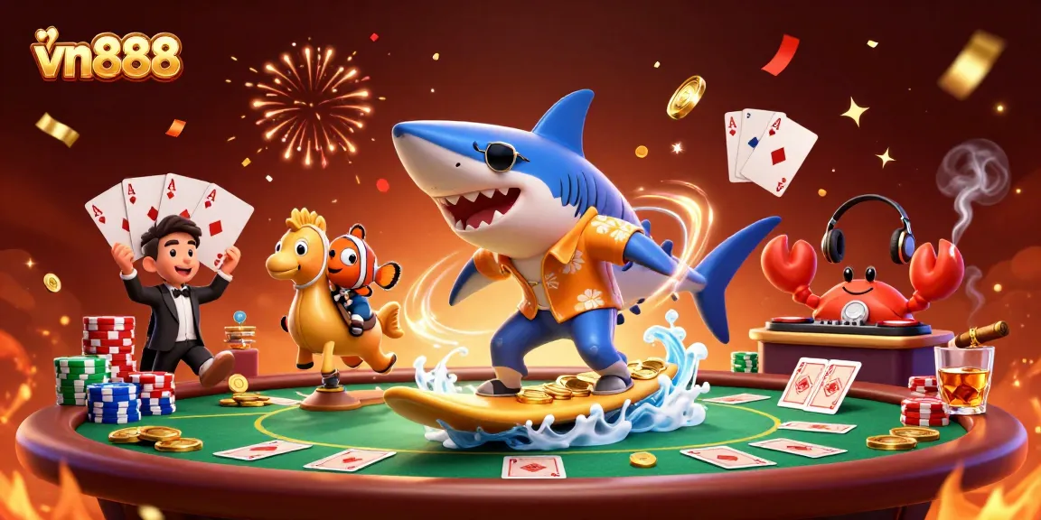 Join the fun with vn888 in this vibrant casino scene featuring a shark and clownfish amidst gold coins and poker elements.