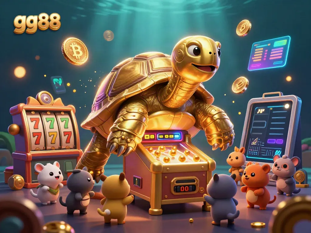 Engaging scene of gg88 with a giant golden tortoise slot machine, vibrant casino elements rich in detail