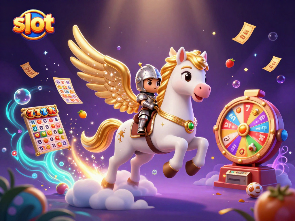 Spin the slot reels with luck as the celestial horse gallops through a magical casino scene.