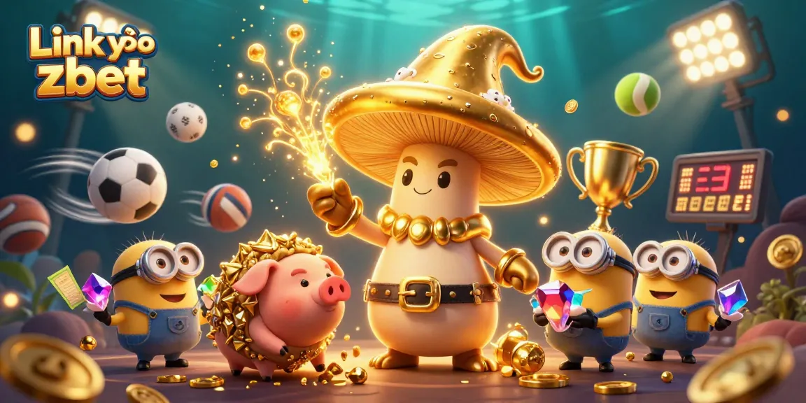 Link vào zbet showcases an animated scene featuring a golden mushroom wizard, sports elements, and gambling symbols.