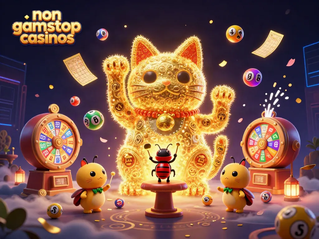 Watch the giant lucky cat wave surrounded by non gamstop casinos elements, with festive casino symbols in vibrant colors.