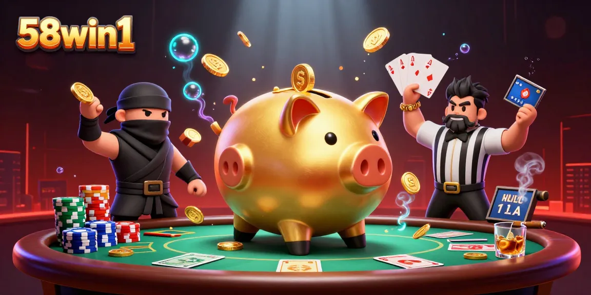 Engage with the exciting world of 58win1 as a golden piggy bank sumo wrestler stomps coins onto a vibrant poker scene.
